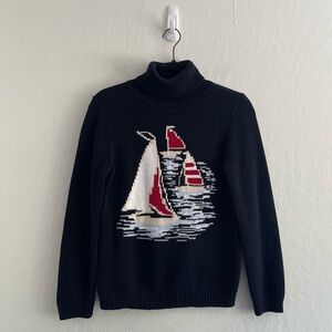 Retro Petite Sophisticate Navy Knit Sailboat Nautical Turtleneck Sweater Small